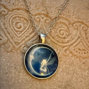 NWT Silver Blue Fairy with Moon Pendant Necklace 12.5”